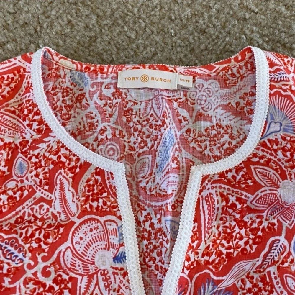 Tory Burch Red Floral Linen Dress Size XS - Picture 2 of 5